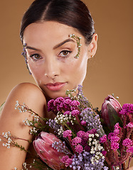 Image showing Beauty, flower bouquet or face portrait of woman with eco friendly cosmetics, natural facial product or lavender skincare. Sustainable dermatology, spa salon or aesthetic model with floral makeup