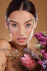 Image showing Floral beauty, flower bouquet and portrait of woman with eco friendly cosmetics, natural facial product or lavender skincare. Dermatology, spa salon and aesthetic model face with sustainable makeup