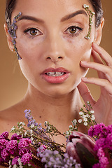 Image showing Floral makeup, flower bouquet and portrait of woman with eco friendly cosmetics, natural facial product or lavender skincare. Dermatology, spa salon and aesthetic model face with sustainable beauty