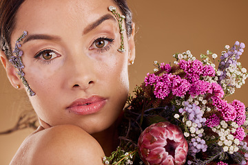 Image showing Makeup, flower bouquet and portrait of relax woman with eco friendly cosmetics, natural facial product or lavender skincare. Wellness, spa salon or aesthetic model face with sustainable floral beauty