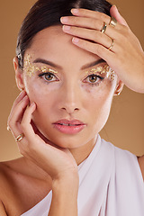 Image showing Gold makeup, face glitter or woman with luxury eyeshadow, cosmetics product and skincare glow. Beauty girl, spa salon or aesthetic portrait model with jewelry ring, accessories or vitiligo healthcare