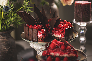 Image showing Delicious chocolate cake with raspberries