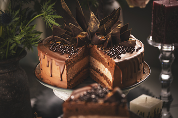 Image showing Still life of layered chocolate mousse cake