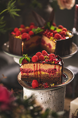 Image showing Slice of delicious layered mousse cake