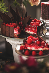 Image showing Tasty chocolate cake with raspberries