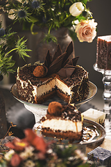 Image showing Still life of chocolate cake with mascarpone cream