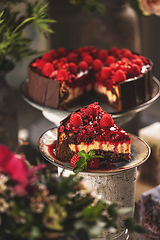 Image showing Slice of chocolate vanilla cake with raspberry jelly