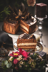 Image showing Slice of layered chocolate mousse cake