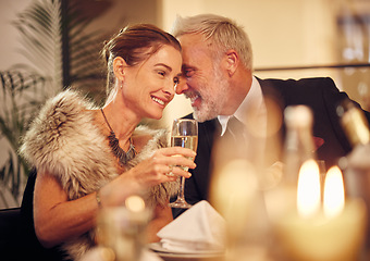 Image showing Woman, man and whisper at dinner, party or restaurant for celebration in night with smile, happy and gossip. New year, fine dining or gala event with champagne, conversation and romantic secret love