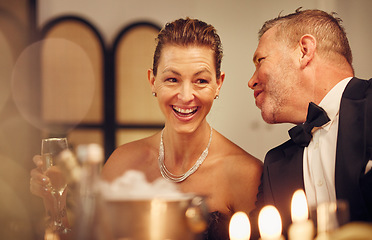 Image showing Party, gossip or mature friends at a celebration, birthday dinner or new year luxury social event. Wine, senior man and happy woman bonding in fun conversation at a gala talking or speaking together