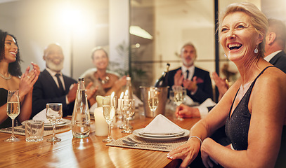 Image showing People, party and clapping at restaurant in night with friends, business executive team or happy for success. New year, applause, celebration gala with champagne, congratulations or group motivation