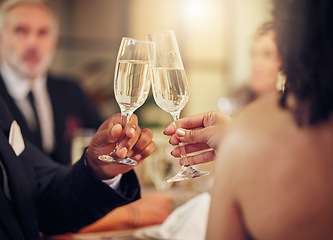 Image showing Success, hands or champagne toast in a party in celebration of goals, achievement or new year at luxury event. Motivation, congratulations or friends cheers with drinks or wine glasses at dinner gala