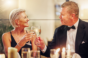 Image showing Success, senior friends or toast in a party to celebrate goals, achievement or new year at luxury event. Motivation, mature or happy people cheers with champagne drinks or wine glasses at dinner gala