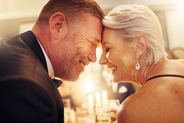 Image showing Love, forehead or senior couple in a party in celebration of goals or new year at luxury social event. Romance, happy woman or romantic man smiles enjoy an embrace or bonding at dinner gala together