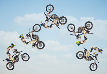 Image showing Motorcycle, sky jump race and air stunt for extreme sport expert for agile speed, power or balance in nature. Motorbike man, clouds and flip on fast vehicle with helmet, safety clothes and motivation