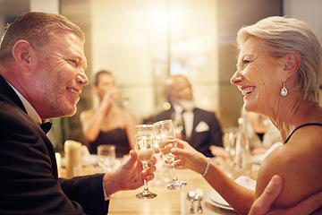 Image showing Senior, party or couple of friends toast in celebration of goals or achievement at luxury social event. Motivation, funny or happy people cheers with champagne drinks or wine glasses at dinner gala