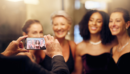 Image showing Phone, photography or women in a party in celebration of goals or new year at fancy luxury event. Girlfriends, camera pov or happy people take pictures for social media at dinner gala or fun birthday