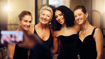 Image showing Phone photography, happy or friends in a party to celebrate goals or new year at fancy luxury event. Girls night, camera pov or people take pictures for social media at dinner gala or fun birthday