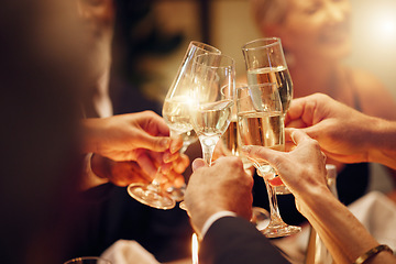 Image showing Success, hands or toast in a party for goals, winning deal or new year at luxury social event celebration. Motivation, team work or people cheers with champagne drinks or wine glasses at dinner gala