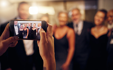 Image showing Phone photography, hands or people in a party to celebrate goals or new year at luxury event. Women, screen or group of friends smile in pictures for social media at fun dinner gala or happy birthday