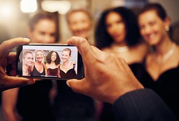 Image showing Phone photography, hands or friends in a party to celebrate goals or new year at fancy luxury event. Women, screen or happy people smile in pictures for social media at dinner gala or fun birthday