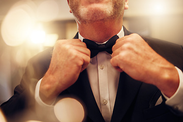 Image showing Hands, fix bowtie and tuxedo for party, event or celebration gala in night for formal fashion. Senior man, evening clothes and designer suit by blurred background to ready for new years eve in mirror