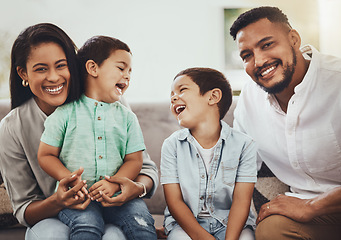 Image showing Father, mother and smile with children of family spending holiday break or weekend together on living room sofa at home. Happy dad, mom and kids laughing in joy for fun bonding relationship indoors