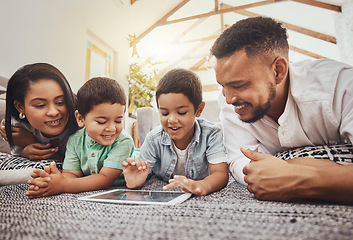 Image showing Family, parents and kids with tablet, watch video online or streaming with wifi at home and relax, internet and bond. Happy, together and screen time with technology, man and woman with children