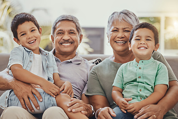 Image showing Family, grandparents and kids in portrait with smile, love and care with relationship, bond and together. Retirement, wellness and happiness, elderly people and children relax outdoor at home