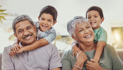 Image showing Family, hug with grandparents and children in portrait, love and care with relationship, bond and together. Retirement, wellness and happiness, elderly people and kids with smile and relax outdoor