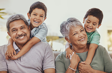 Image showing Family, kids hug grandparents and happy in portrait, love and care with relationship, bond and together. Retirement, wellness and happiness, elderly people and children with smile and relax outdoor