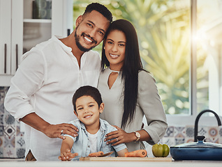 Image showing Cooking, smile and portrait of family in kitchen for health, nutrition and diet wellness. Happy, bonding and food with parents and child at home for with vegetables for learning, growth and help
