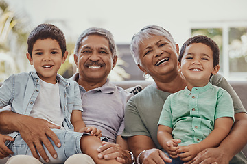 Image showing Family, happy with grandparents and children in portrait, love and care with relationship, bond and together. Retirement, wellness and happiness, elderly people and kids with smile and relax outdoor