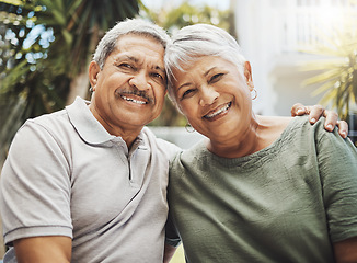 Image showing Senior african couple, smile portrait and hug for love, support and care in relationship embrace, bond or happiness outdoor. Romance, happy marriage or elderly black man and woman on holiday together