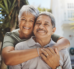 Image showing Black senior couple, hug and smile portrait for love, rretirement holiday and happiness outdoor together. African man, woman and happy quality time or marriage relationship bonding on travel vacation