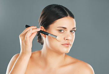 Image showing Woman, facial beauty and makeup brush portrait for wellness, cosmetics dermatology and skincare in studio. Model, application and cosmetology lifestyle or luxury product tools for self care glow