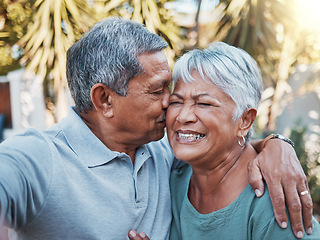 Image showing Love, kiss and happy with selfie of old couple for retirement, smile and affectionate in garden of home. Bonding, happiness and summer with senior man and woman in for romantic, picture and peace