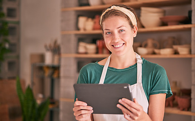 Image showing Ceramic store portrait, woman and tablet for online shopping, digital sales service or ecommerce retail. Pottery manufacturing studio, sculpture and startup small business owner in creative workshop