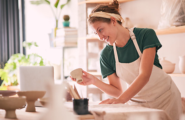 Image showing Laptop video call, pottery design or woman present creative ceramic sculpture on webinar presentation. Ecommerce communication, artist studio workshop or startup small business owner talking in store