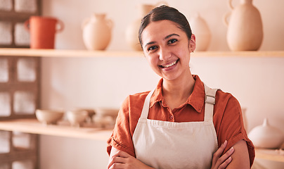 Image showing Woman, portrait and smile in pottery workshop, creative studio and manufacturing startup in Sweden. Happy small business owner, ceramic designer and artist working for sculpture, creativity and craft