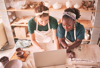 Image showing Ceramic store, pottery and team with laptop for retail ecommerce, online shopping service or sculpture order sales. Creative workshop, diversity studio and top view of startup small business owner