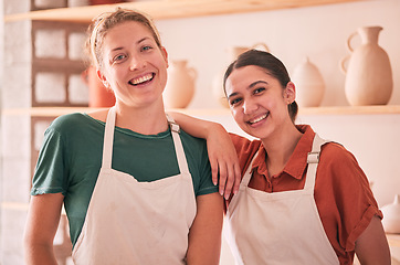 Image showing Pottery, friends and portrait of women for small business, artistic startup and creative workshop. Teamwork, success and happy females smile for ceramic production, clay sculpture and artwork store