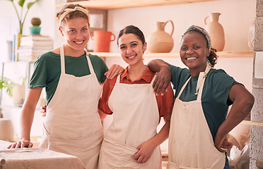 Image showing Friends, pottery and portrait of women for small business, artistic startup and creative workshop. Collaboration, teamwork and females happy for success in ceramics, clay sculpture and artwork store