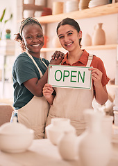 Image showing Open sign, collaboration and women with small business for pottery startup, creative workshop and art studio. Retail, welcome and happy females smile for ceramics, clay sculpture and artwork store