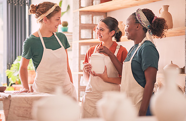 Image showing Communication, pottery workshop class or women design sculpture mold, manufacturing or art product. Diversity, ceramic retail store or startup small business owner, artist or people talking in studio