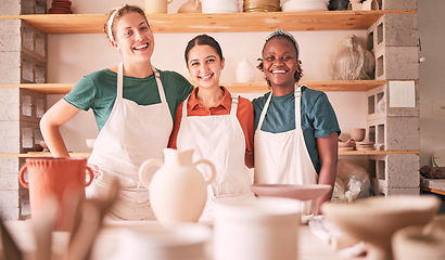 Image showing Pottery class portrait, hug and women design sculpture mold, ceramic manufacturing or art product. Diversity, retail store and startup small business owner, artist or happy people in workshop studio