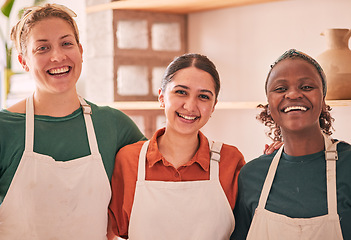 Image showing Pottery, creative workshop and portrait of women for small business, artistic startup and art class. Collaboration, teamwork and females happy for success in ceramic, clay sculpture and artwork store