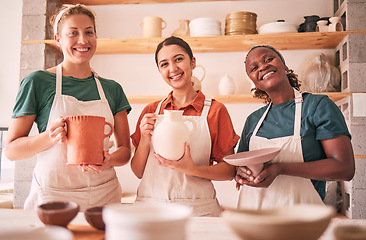 Image showing Pottery class portrait, ceramic and women design sculpture mold, manufacturing or art product. Diversity, retail sales store or startup small business owner, artist or happy people in studio workshop