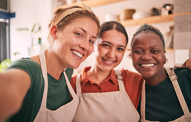 Image showing Friends, pottery and selfie of women for small business, artistic startup and creative workshop. Collaboration, art class and females happy for success in ceramics, clay sculpture and artwork store