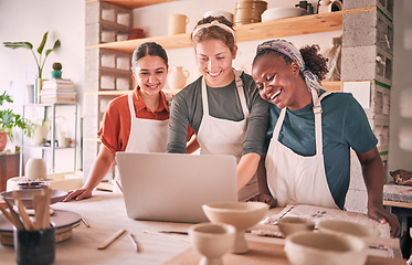 Image showing Ceramic store, pottery and happy people with laptop for retail ecommerce, online shopping service or product order. Creative workshop, diversity studio or startup small business owner with art sales